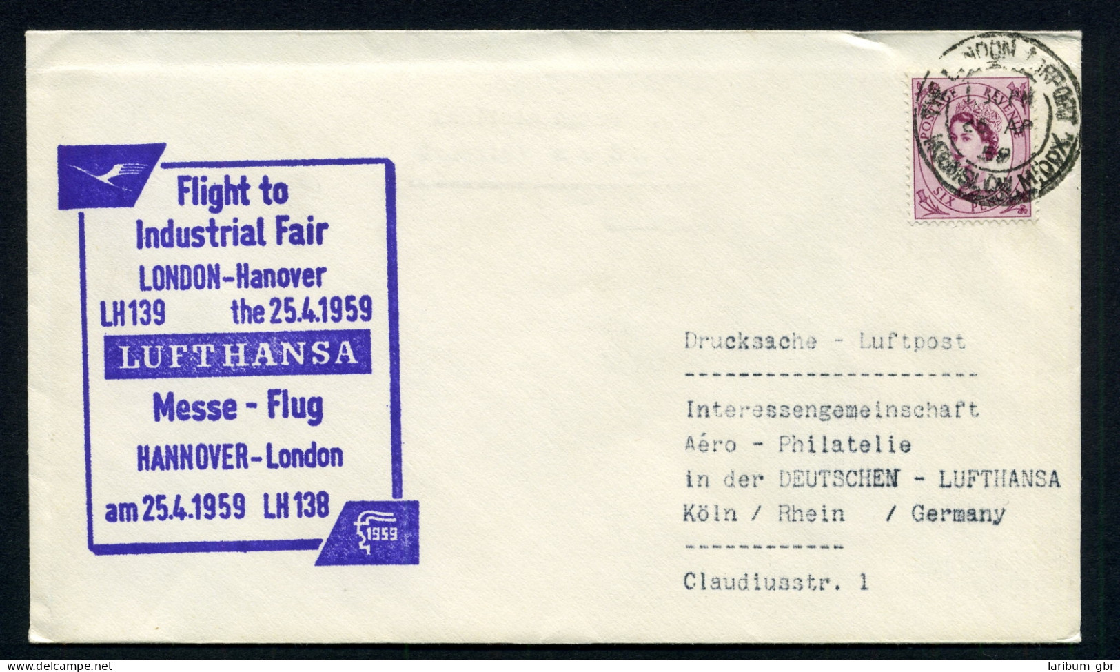 Großbritannien LH Messeerstflug London-Hannover 25.4.1959 Einzelfrankatur #IN247 - Autres & Non Classés