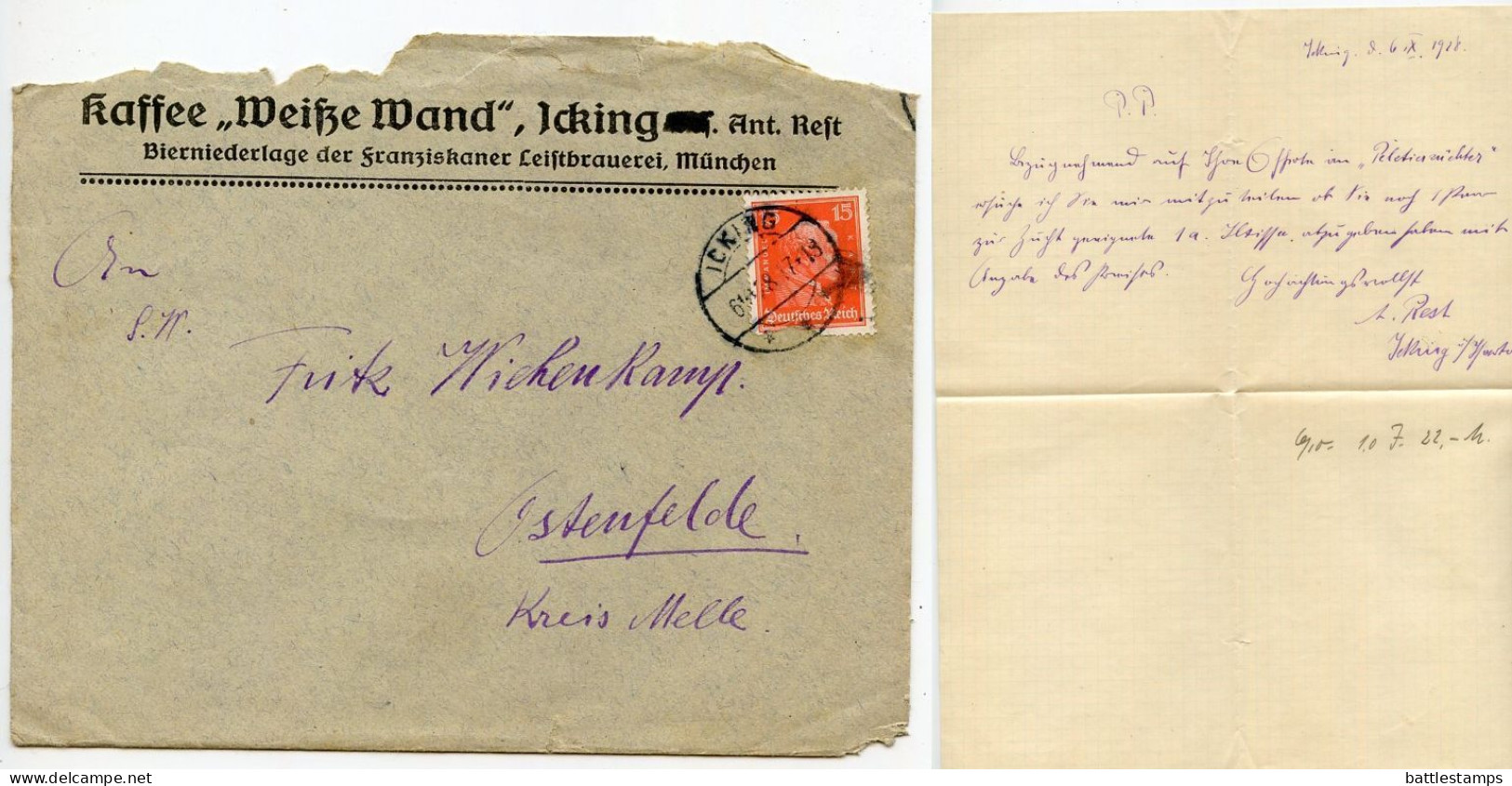 Germany 1928 Cover & Letter; Icking - Kaffee "Weisze Wand" (Coffee) To Ostenfelde; 15pf. Immanuel Kant - Briefe U. Dokumente