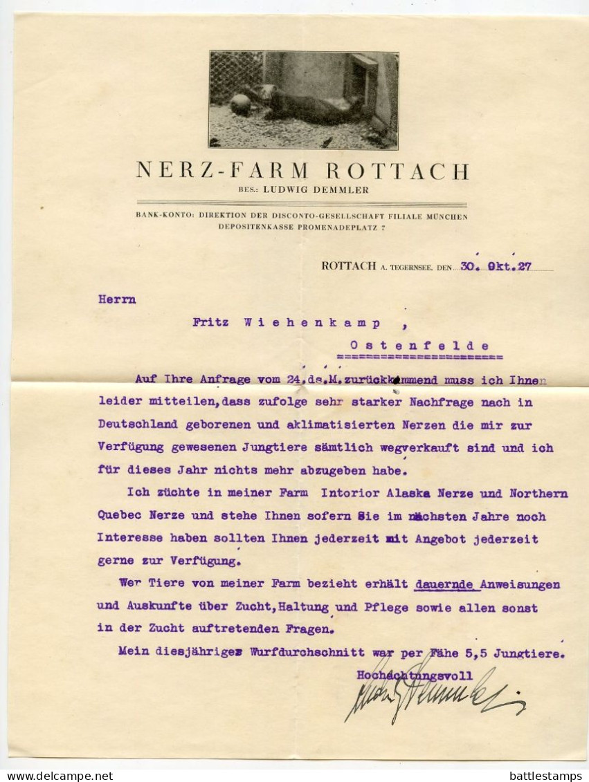 Germany 1927 Cover & Letter; Rottach-Egern - Nerz-Farm Rottach (Mink) To Ostenfelde; 15pf. Immanuel Kant - Cartas & Documentos