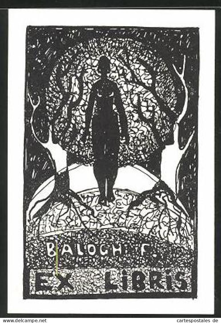 Exlibris Balogh F., Silhouette, Frau Zwischen Bäumen  - Bookplates