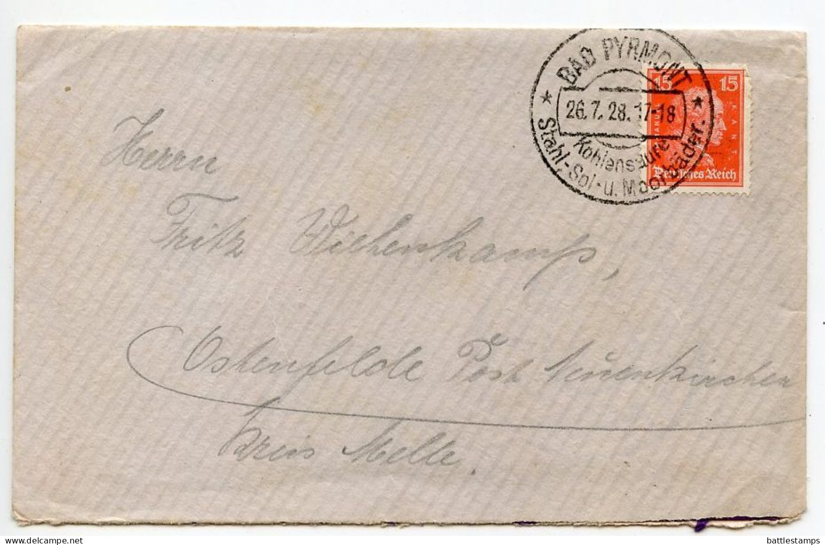 Germany 1928 Cover & Letter; Bad Pyrmont To Ostenfelde; 15pf. Immanuel Kant - Storia Postale