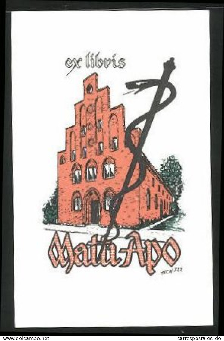 Exlibris Matti Apo, Giebelhaus, Asklepiosstab  - Exlibris