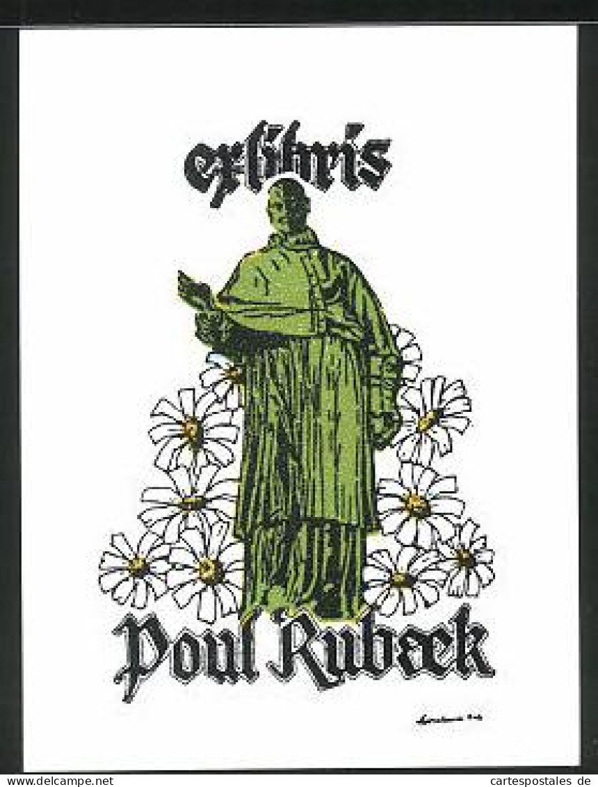 Exlibris Poul Ruback, Heiliger Im Gewand Und Margheriten  - Exlibris