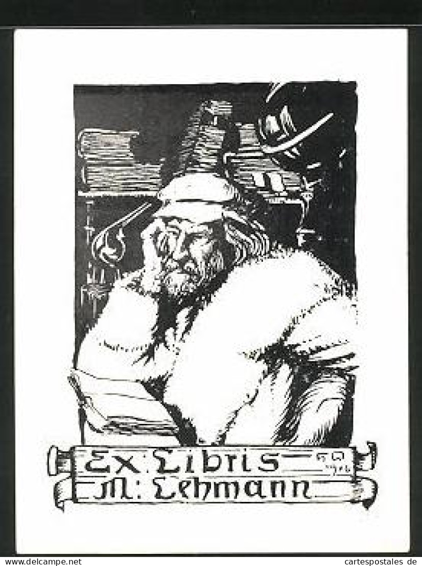 Exlibris M. Lehmann, Alter Mann Am Lesen  - Ex Libris