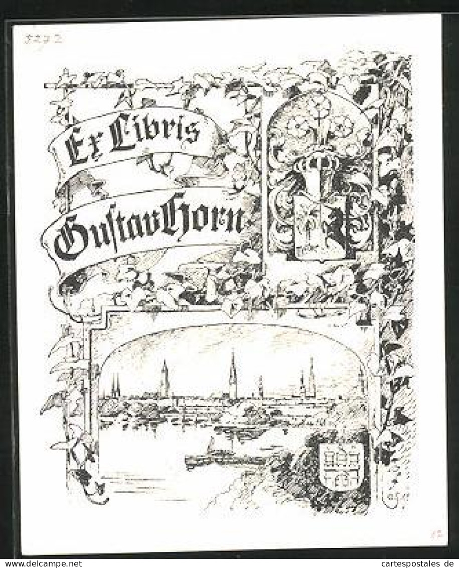 Exlibris Gustav Horn, Ritterhelm, Einhorn, Stadtansicht  - Ex-libris