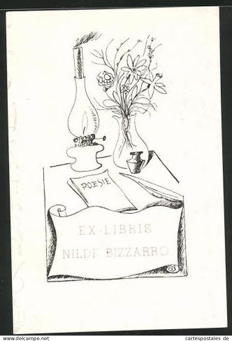 Exlibris Nilde Bizzarro, Öllampe, Blumen Und Poesieheft  - Exlibris