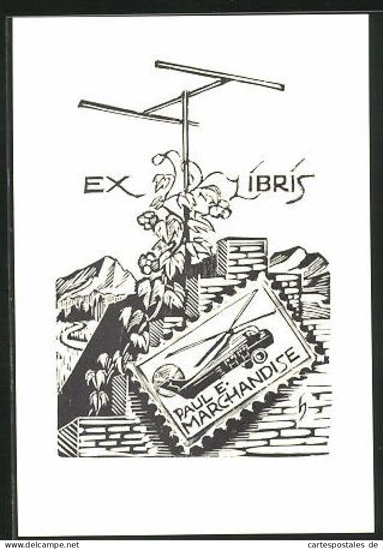 Exlibris Paul E. Marchandise, Antenne Und Briefmarke Mit Helikopter  - Bookplates
