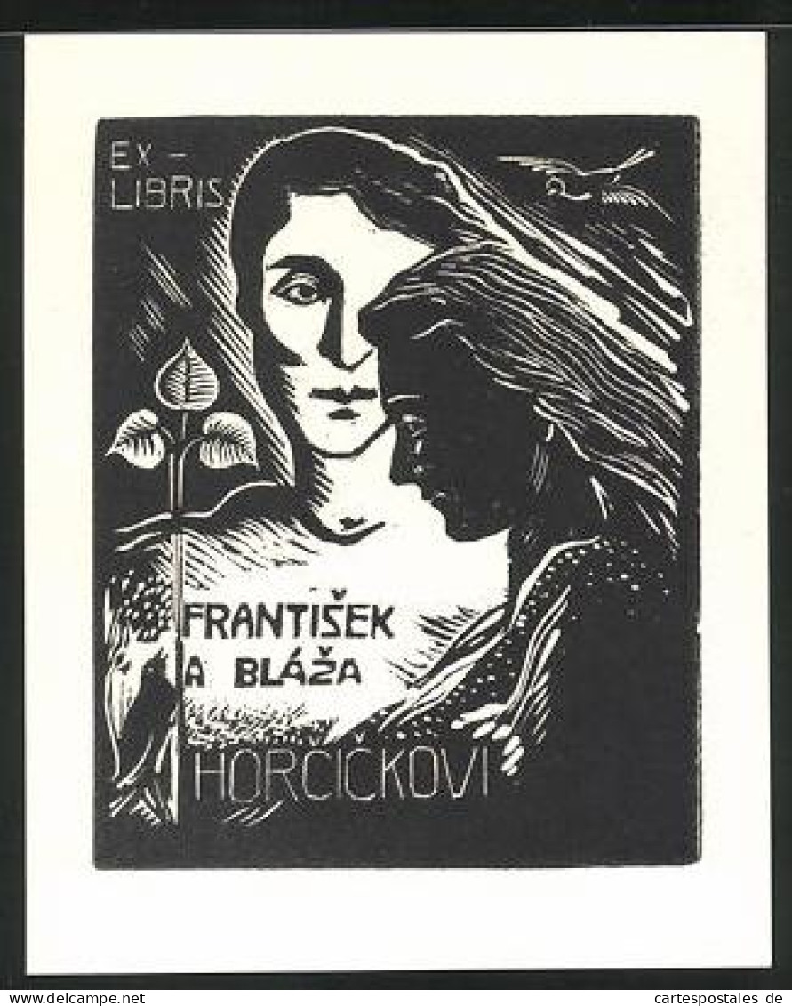 Exlibris Frantisek A Blaza, Mann Und Frau Blicken Melancholisch, Vögel  - Exlibris