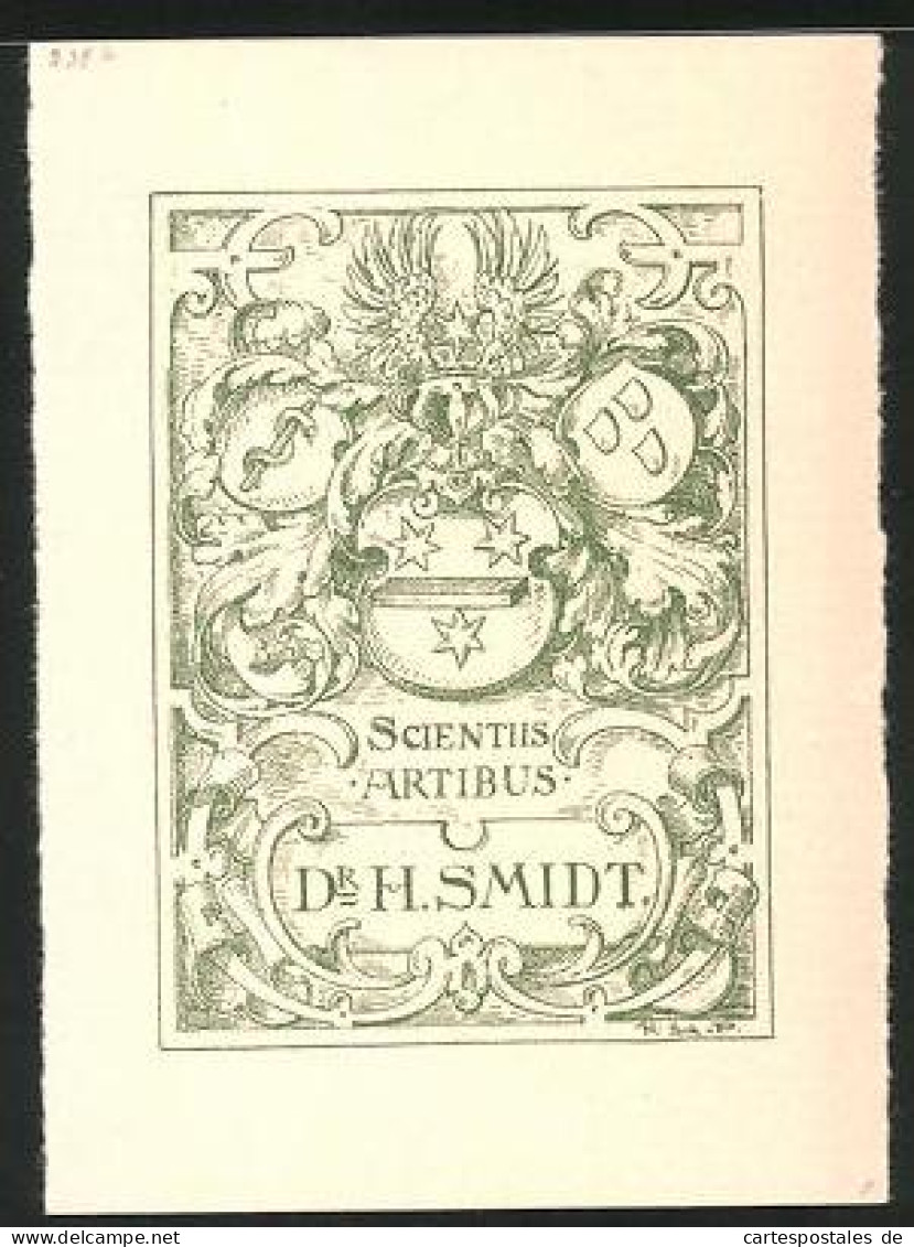 Exlibris Dr. H. Schmidt, Wappen Mit Sternen, Ranken, Asklepsiosstab, Flügeln  - Ex Libris