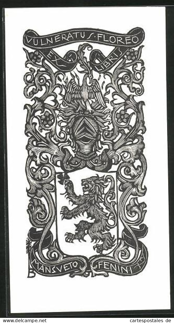 Exlibris Mansveto Fenini, Wappen Mit Löwe Und Ritterrüstung  - Bookplates