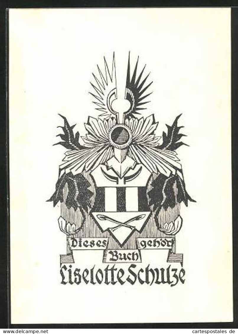 Exlibris Liselotte Schulze, Wappen, Hörner, Blätterranken  - Bookplates