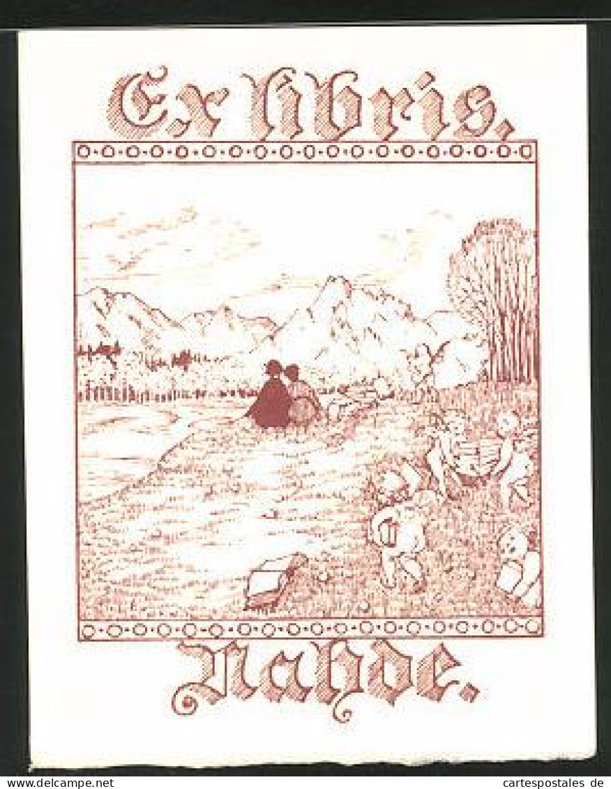 Exlibris Nahde, Putten Mit Büchern, Pärchen Und Gebirgsaussicht  - Ex-libris