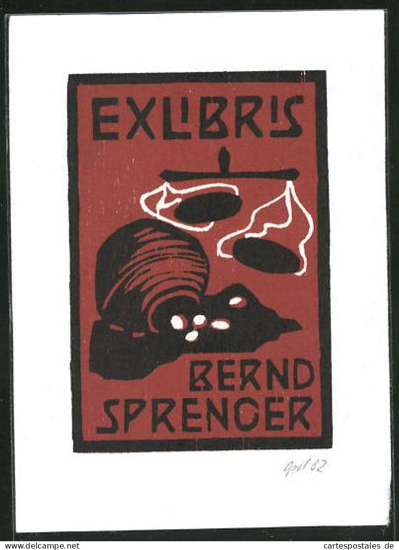 Exlibris Bernd Sprencer, Umgefallenes Gefäss & Waage  - Ex-Libris