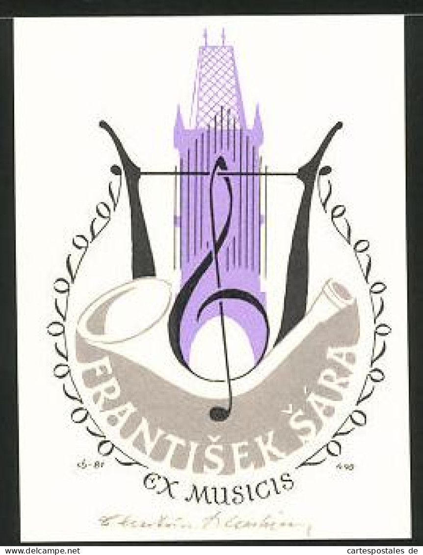 Exlibris Frantisek Sára, Notenschlüssel, Lyra  - Bookplates