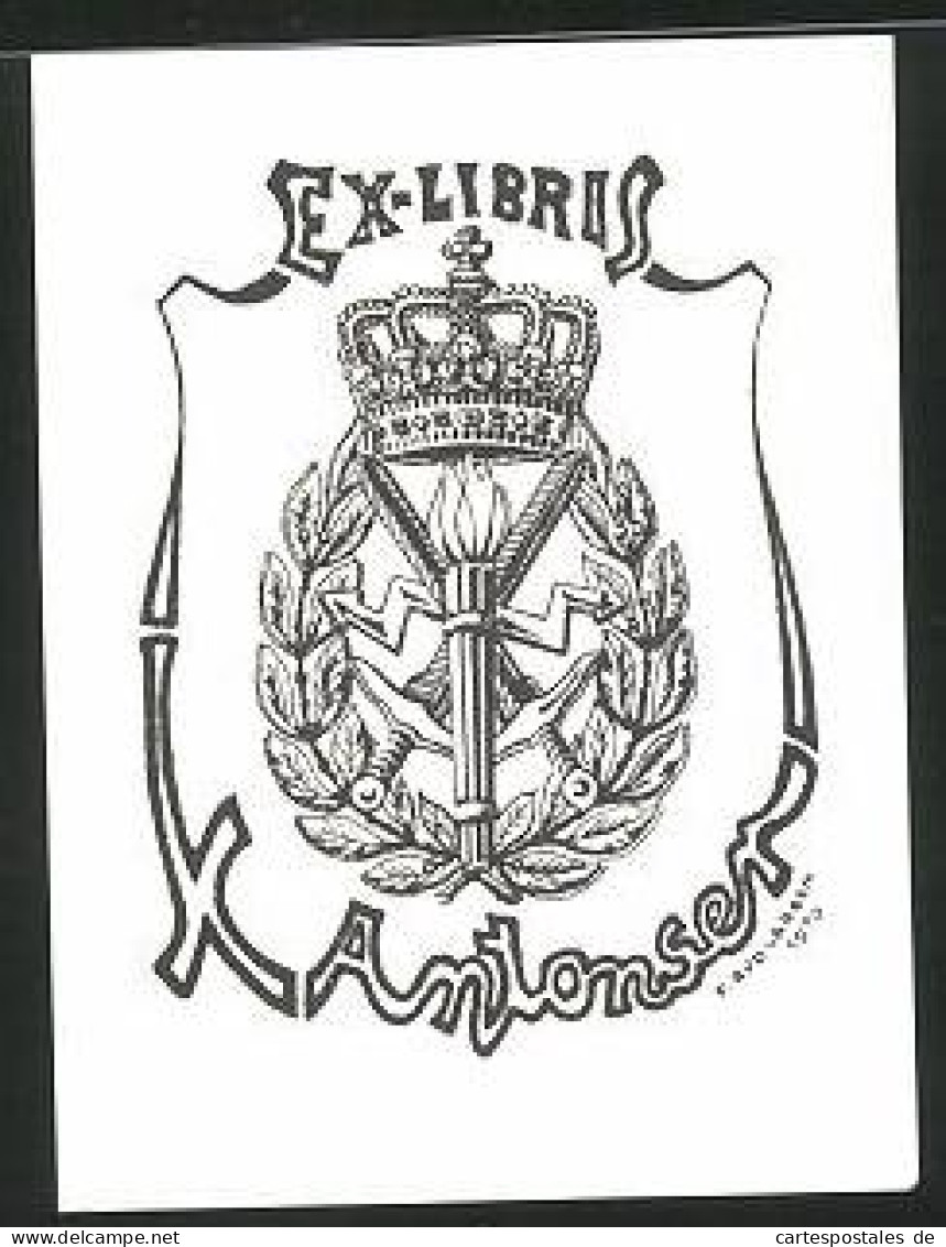 Exlibris K. Anlonser, Krone, Fackel, Schwerter, Kranz  - Bookplates