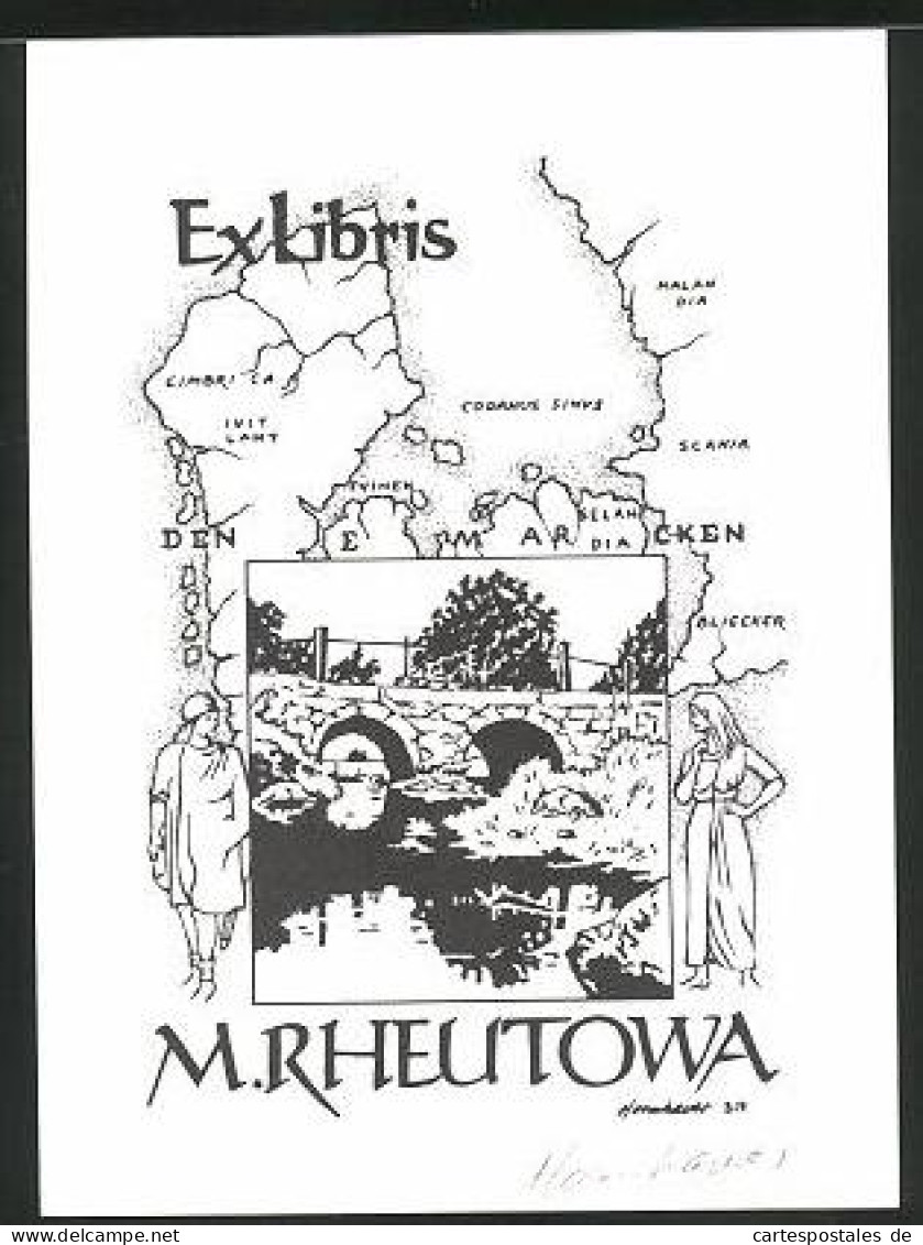 Exlibris M. Rheutowa, Landkarte, Dänemark  - Bookplates