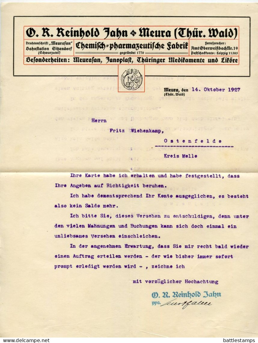 Germany 1927 Cover & Letter; Meura (Thüringerw) - Meurasan, O.R. Reinhold Jahn To Ostenfelde; 15pf. Immanuel Kant - Storia Postale