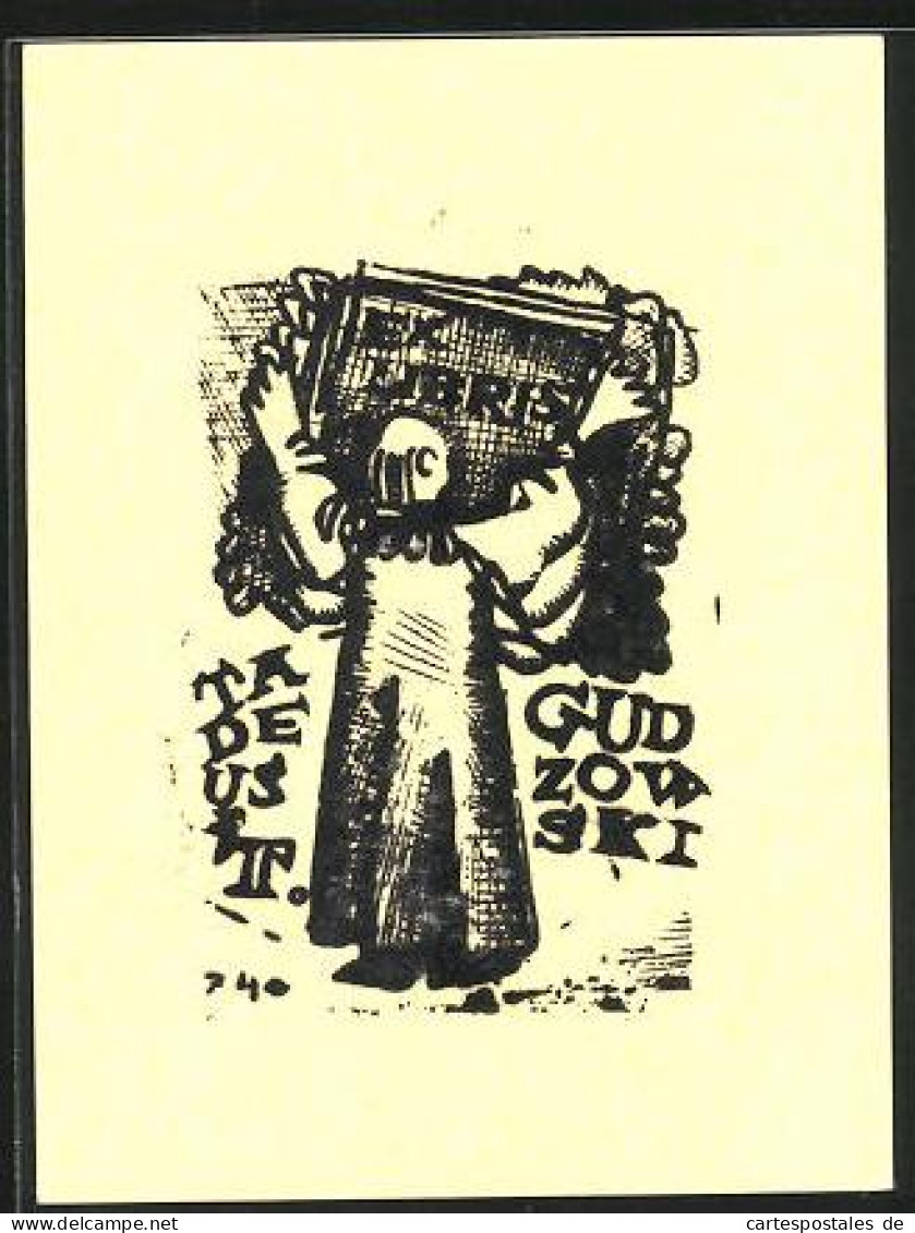 Exlibris Tadeus T. Gudsowski, Gelehrter Hängt Exlibris-Buch Auf  - Bookplates