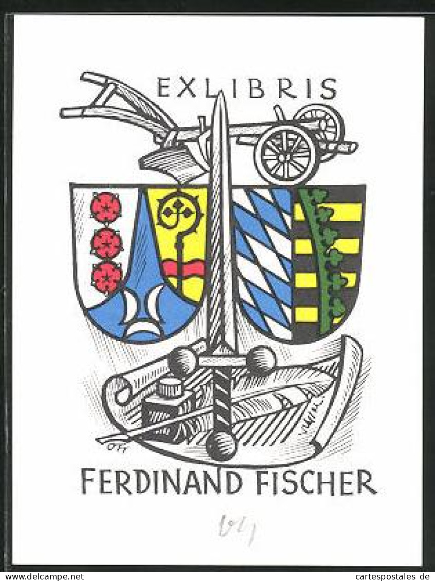 Exlibris Ferdinand Fischer, Wappen, Schwert, Karren, Schreibfeder  - Ex-libris