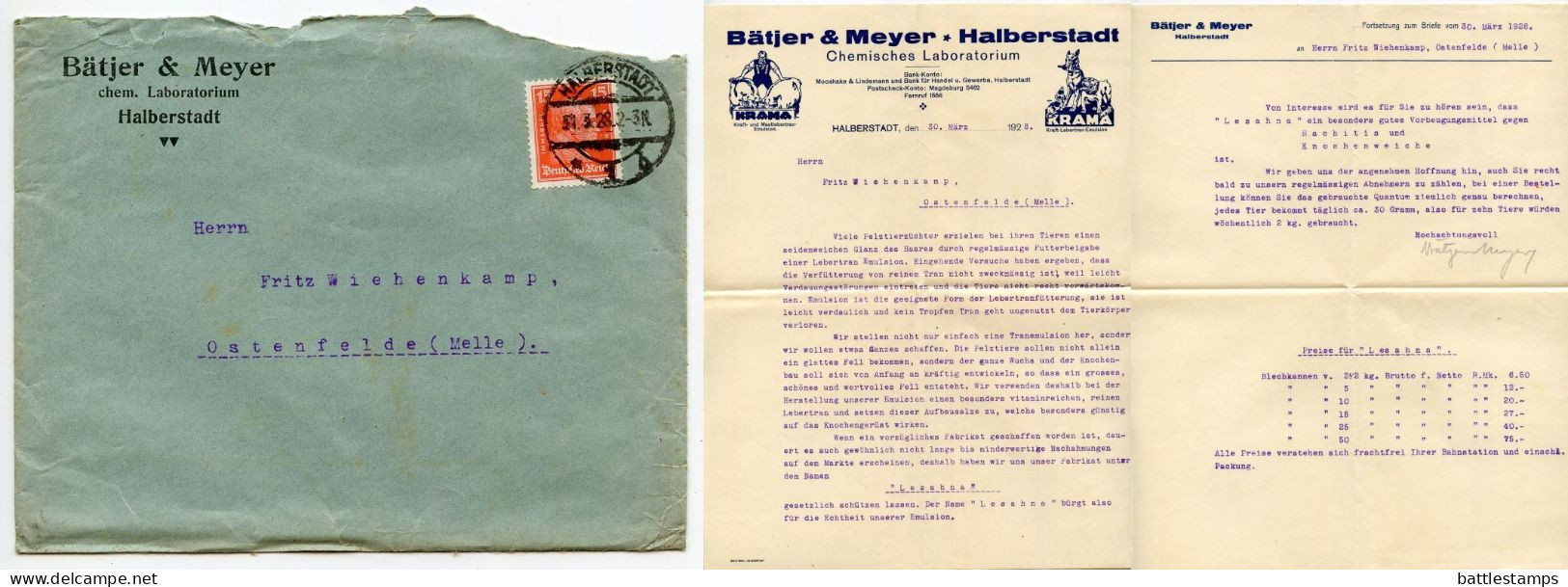 Germany 1928 Cover & Letter; Halberstadt - Bätjer & Meyer, Chem. Laboratorium To Ostenfelde; 15pf. Immanuel Kant - Storia Postale