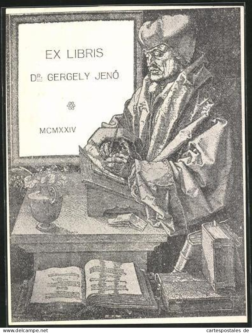 Exlibris Dr. Gergely Jenö, Gelehrter Beim Schreiben  - Bookplates