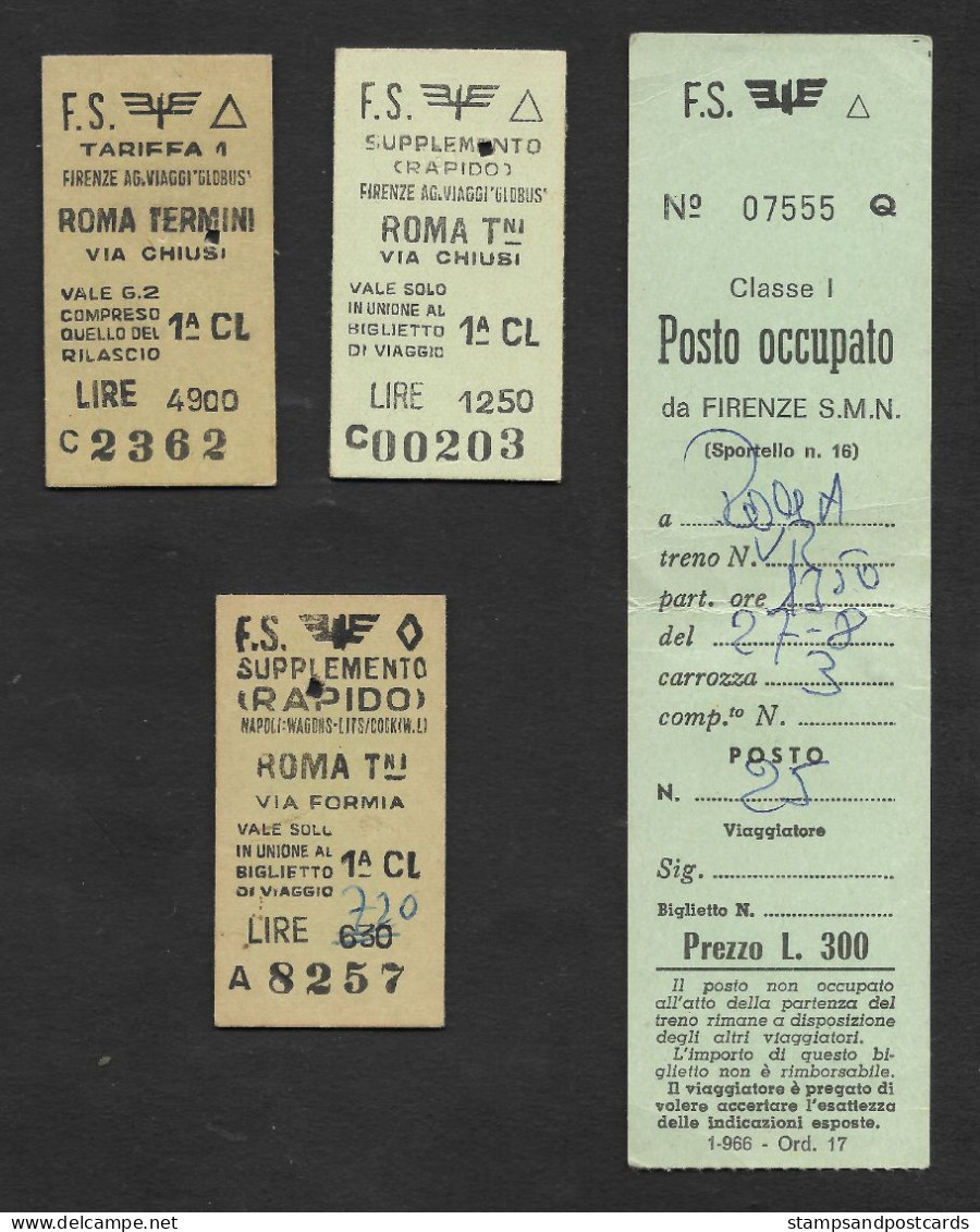 Italie 4 Ticket Chemin De Fer Firenze Napoli Roma 1961 - 1966 Train Train Ticket Italy Italia - Europe