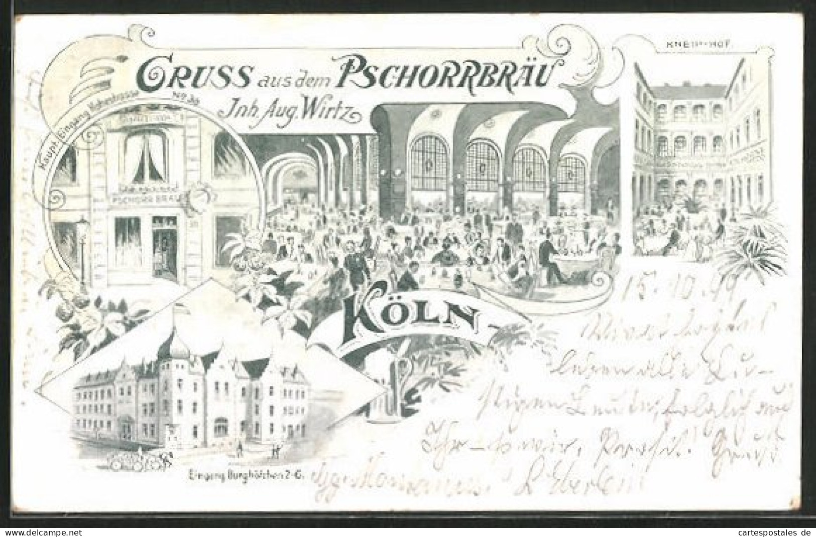 Lithographie Köln, Gasthaus Pschorrbräu, Burghöfchen Ecke Hohe Strasse  - Koeln