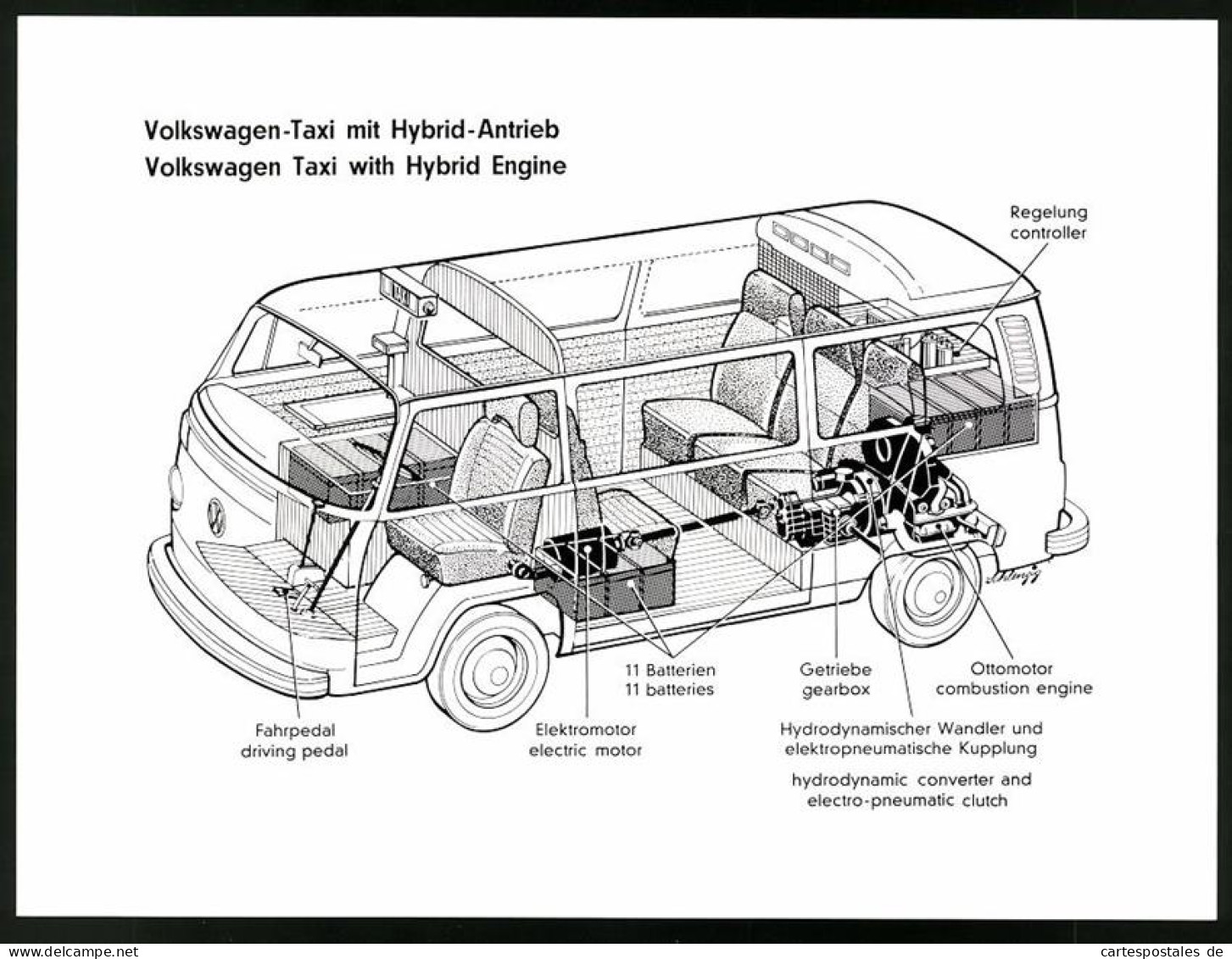 2 Fotografien VW T2 Hybrid, Volkswagen Mit Hybrid-Antrieb Zum Taxi Umgebaut, Schnitt-Darstellungen Mit Antrieb  - Cars