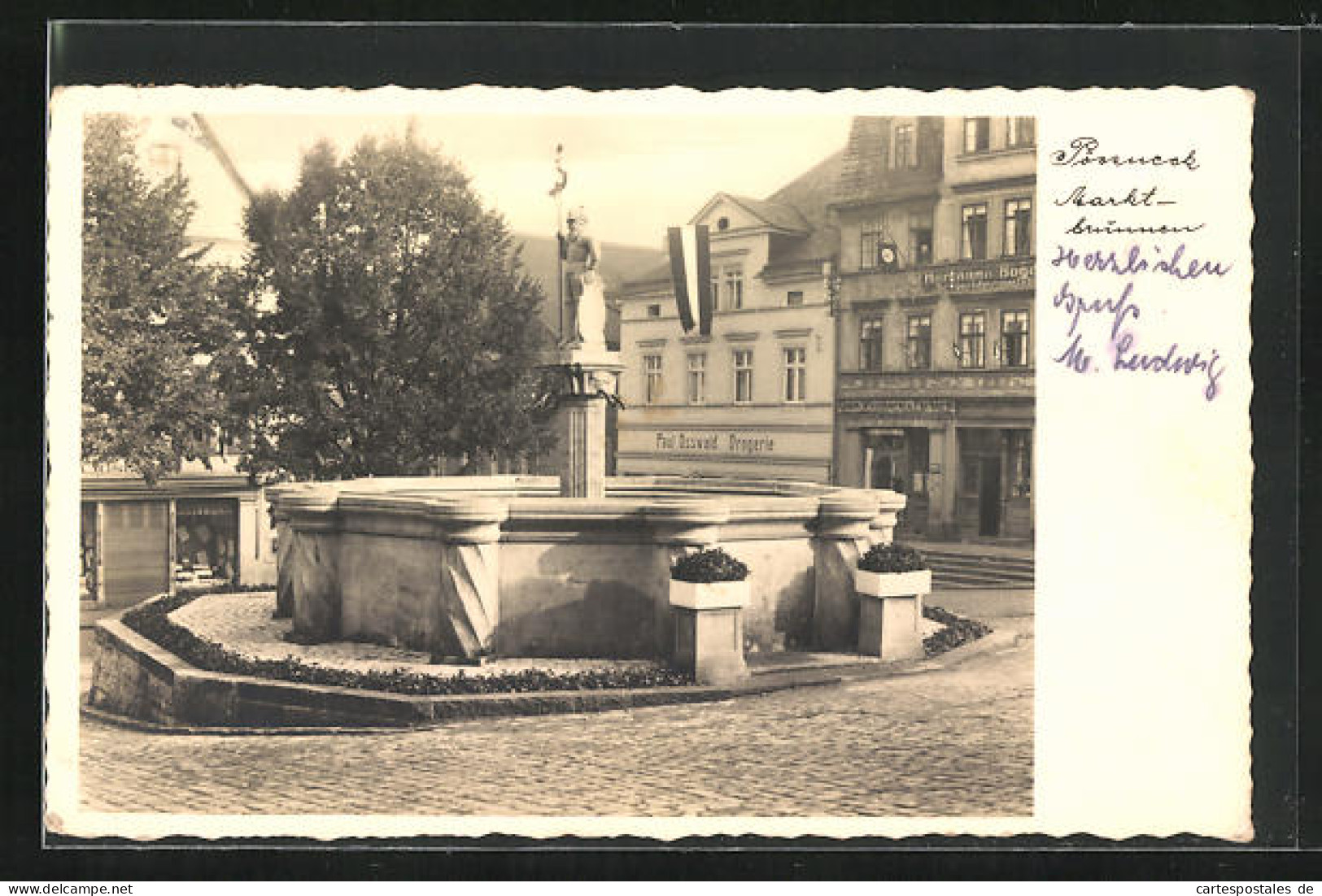 AK Pössneck, Am Marktbrunnen, Drogerie Paul Osswald  - Pössneck