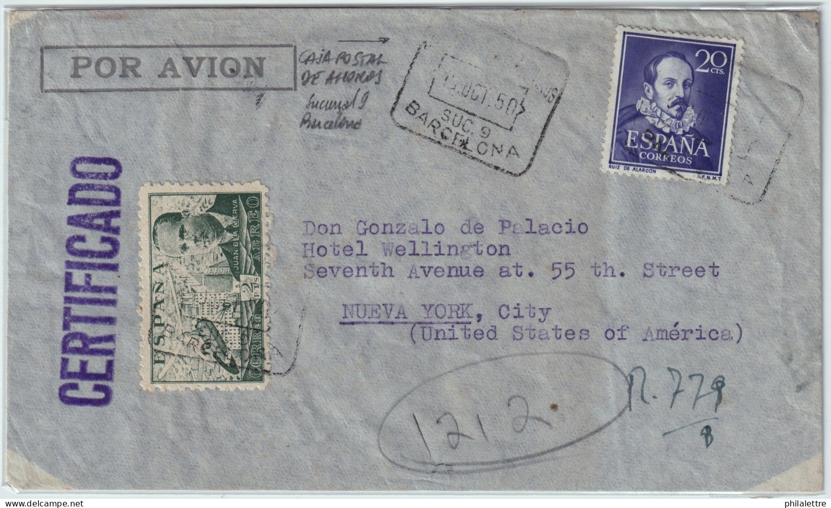 ESPAGNE / ESPANA - 1950 Ed.1074 (y Ed.945) Cancelado "CAJA POSTAL DE AHOROS Suc.9 BARCELONA" En Carta A Nueva York - Storia Postale