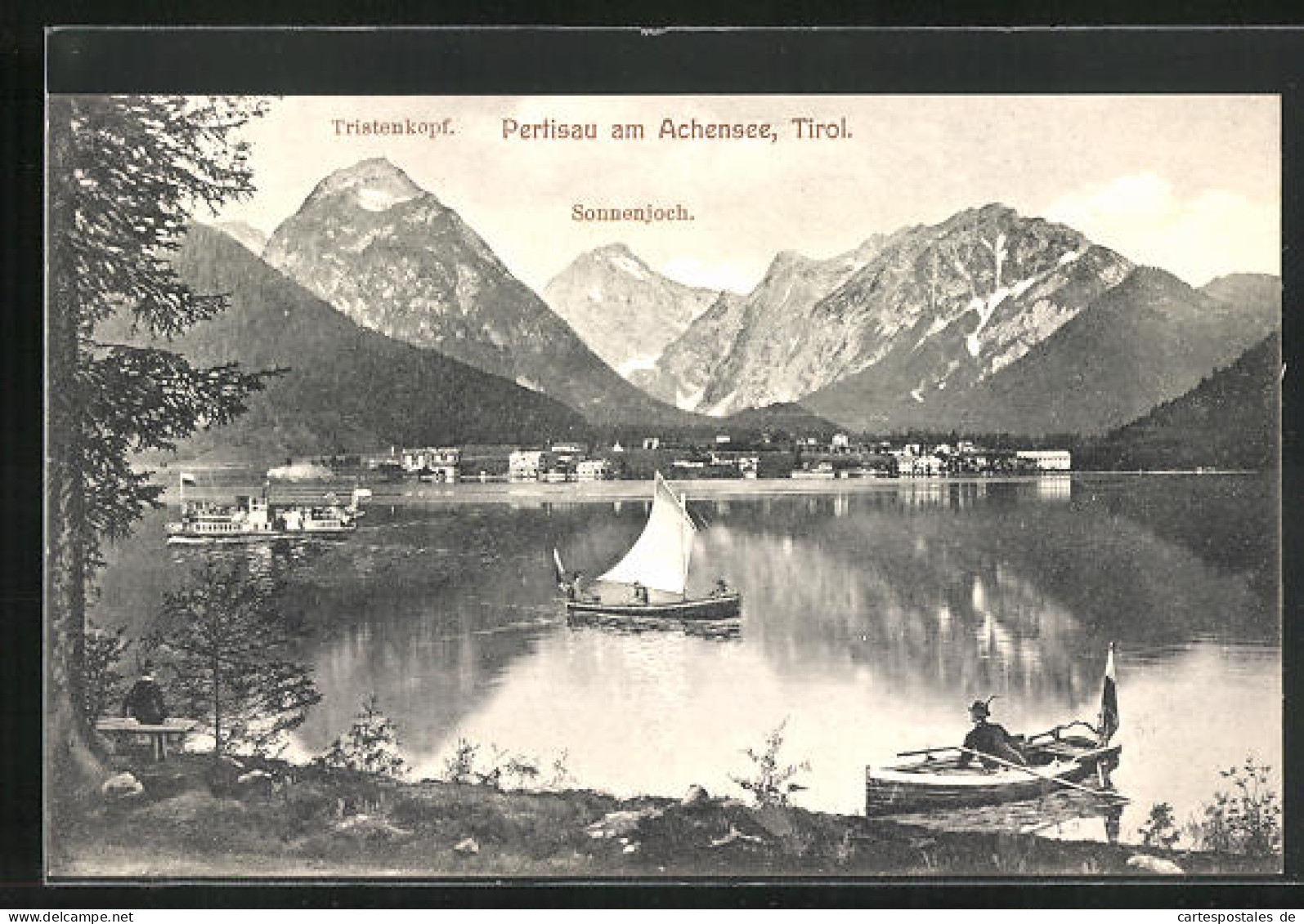 AK Pertisau Am Achensee, Gesamtansicht Mit Sonnenjoch Und Tristenkopf  - Autres & Non Classés