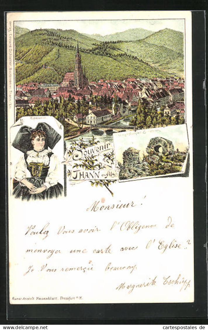 Lithographie Thann, Umgestürzter Burgturm, Vue Générale, Elsässerin-Portrait De  - Thann