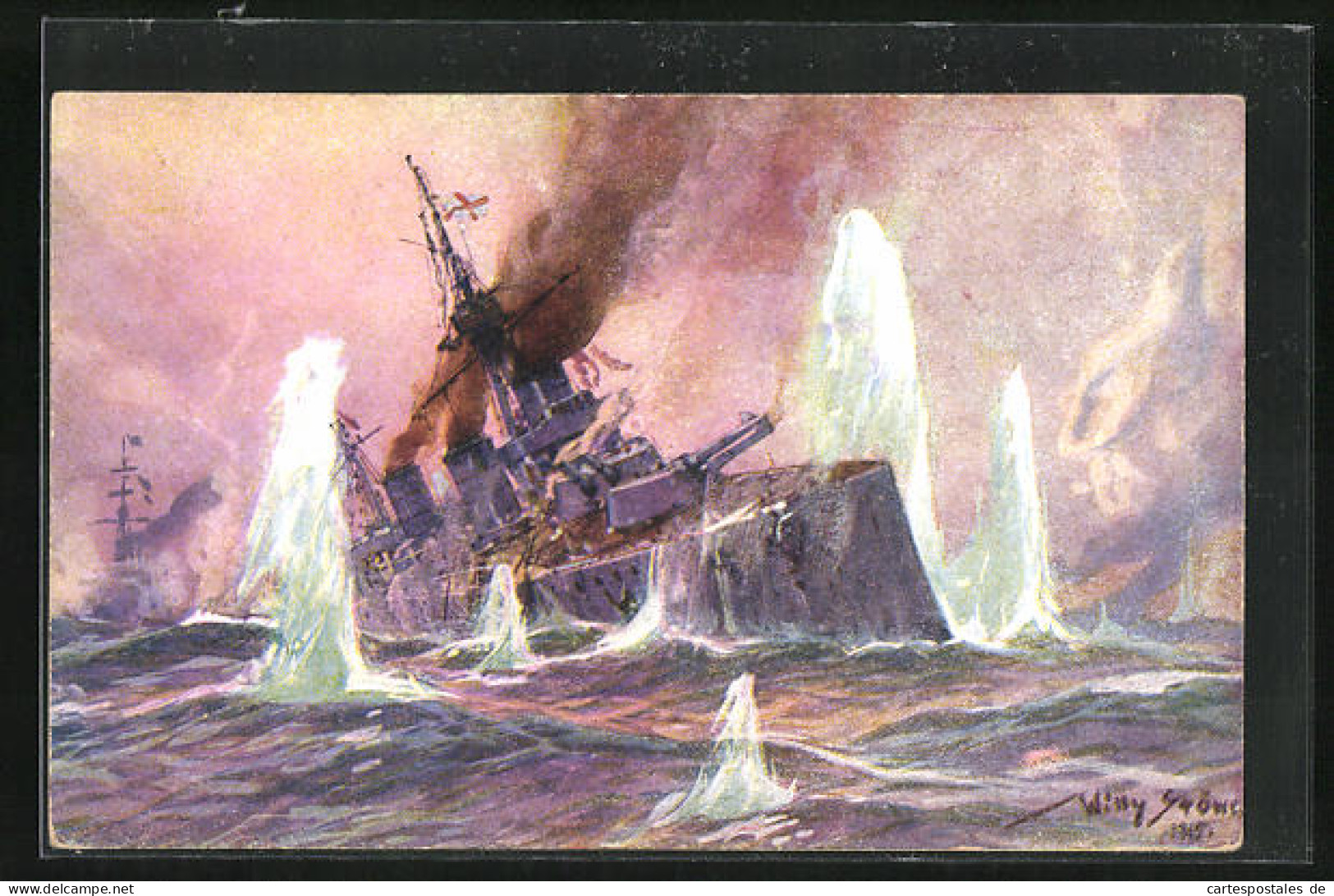 Artist's Pc Willy Stoewer: Seegefecht In Der Nordsee 1915, Engl. Schlachtkreuzer Im Salvenfeuer Deutscher Kreuzer  - Guerra