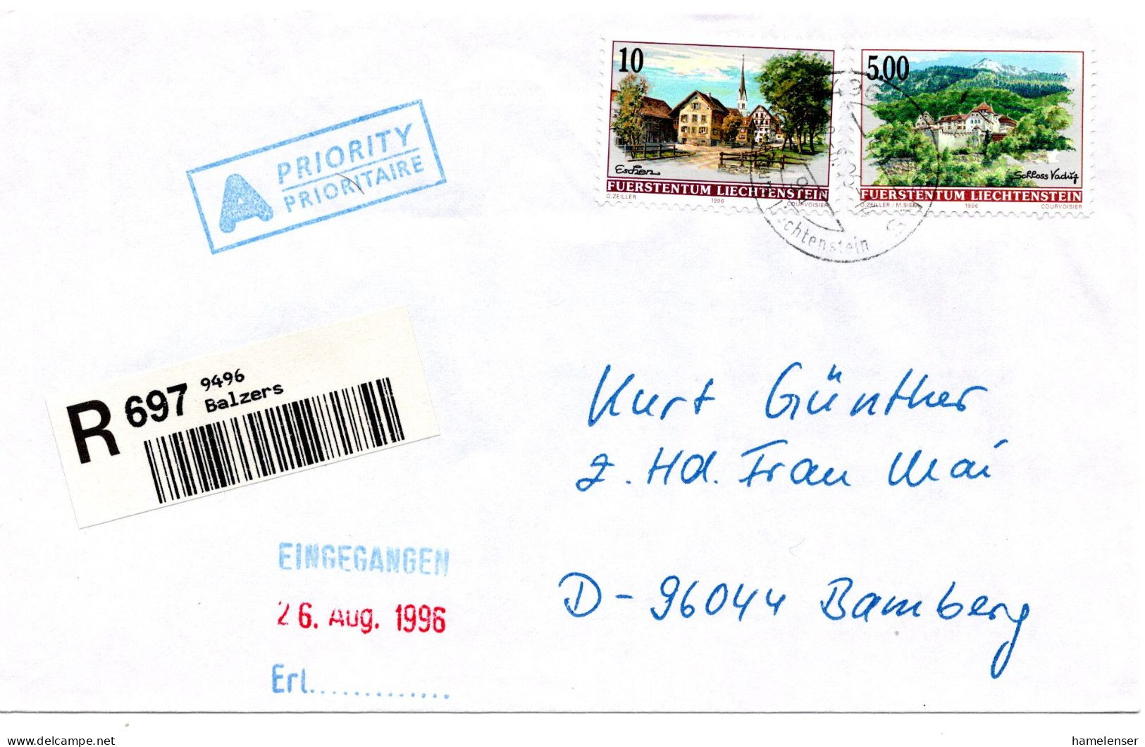 64236 - Liechtenstein - 1996 - 5,00Fr Landschaften MiF A R-Bf BALZERS -> Deutschland - Storia Postale