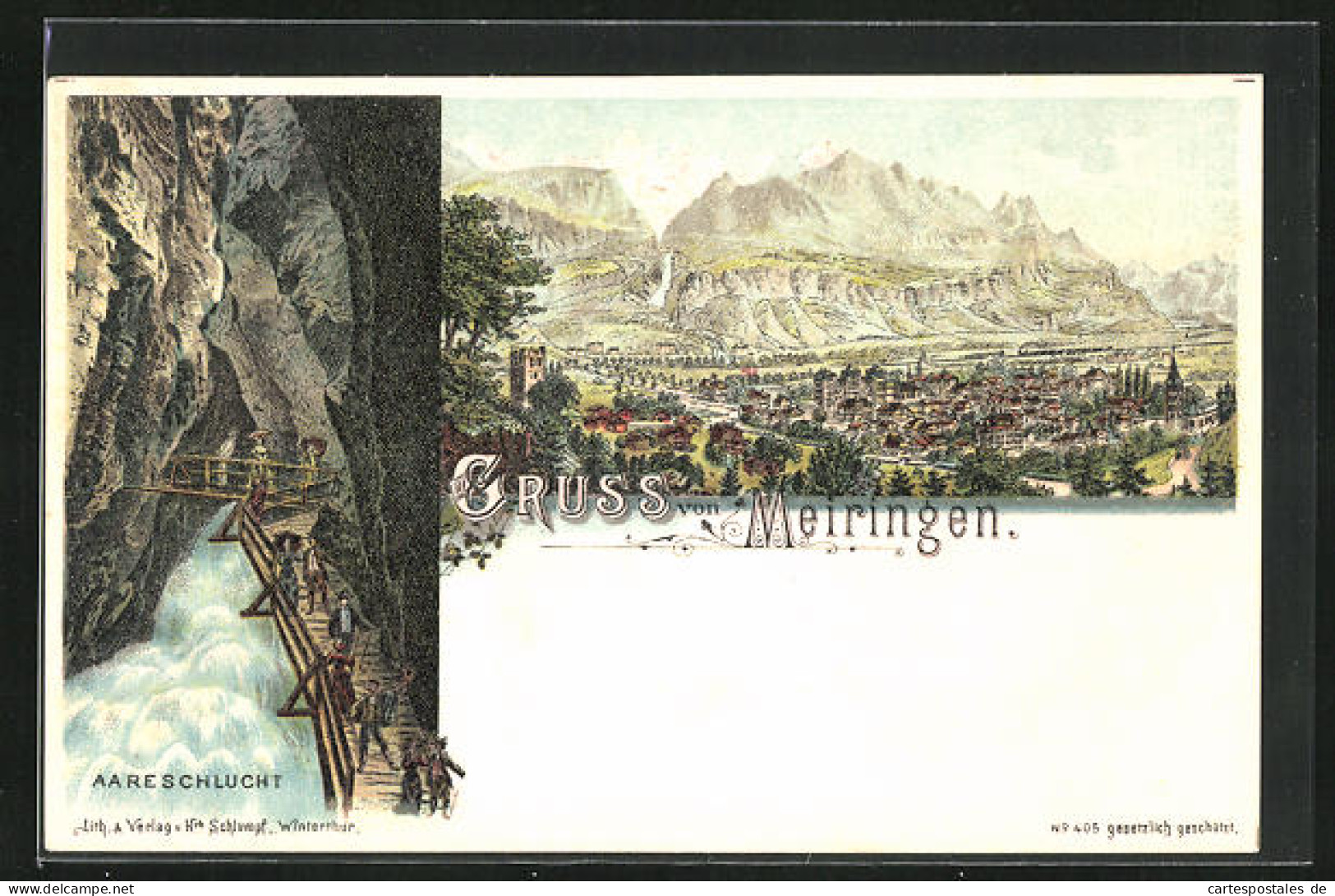 Lithographie Meiringen, Aaresschlucht, Ortsansicht Mit Gebirgskette  - Meiringen