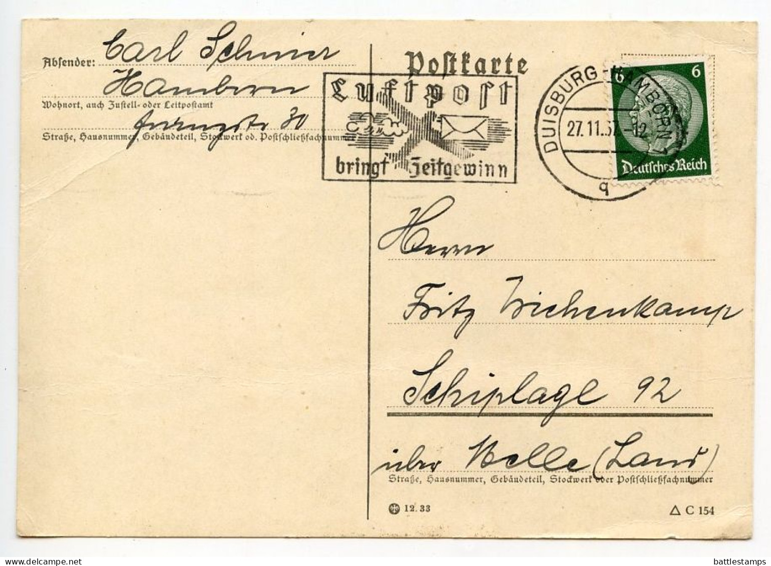 Germany 1937 Postcard; Duisburg-Hamborn To Schiplage; 6pf. Hindenburg; Luftpost Slogan Cancel - Lettres & Documents