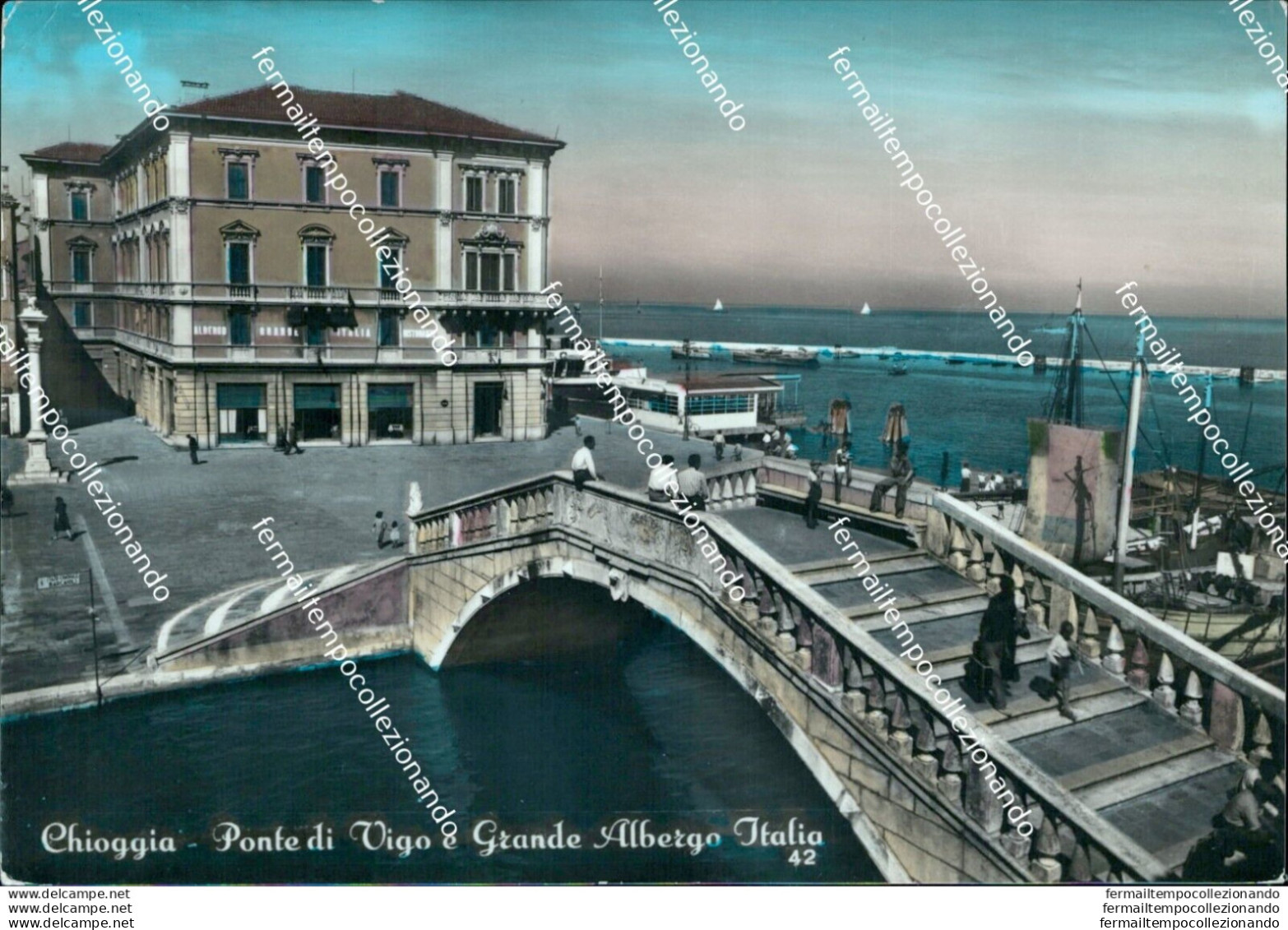 Bl548 Cartolina Chioggia Ponte Di Vigo E Grande Albergo Italia Venezia - Venezia (Venedig)