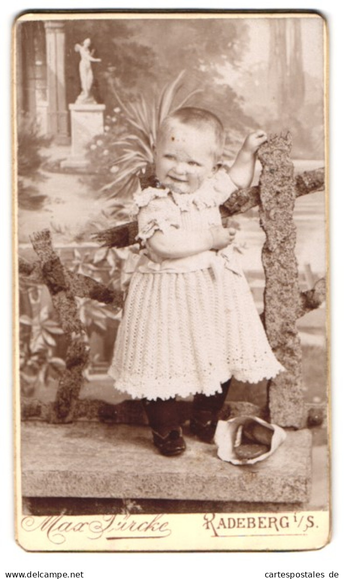 Fotografie Max Türcke, Radeberg I. Sa., Langestrasse 1, Kleinkind Im Süssen Kleid Und Mit Einer Tüte Biscuits  - Anonymous Persons