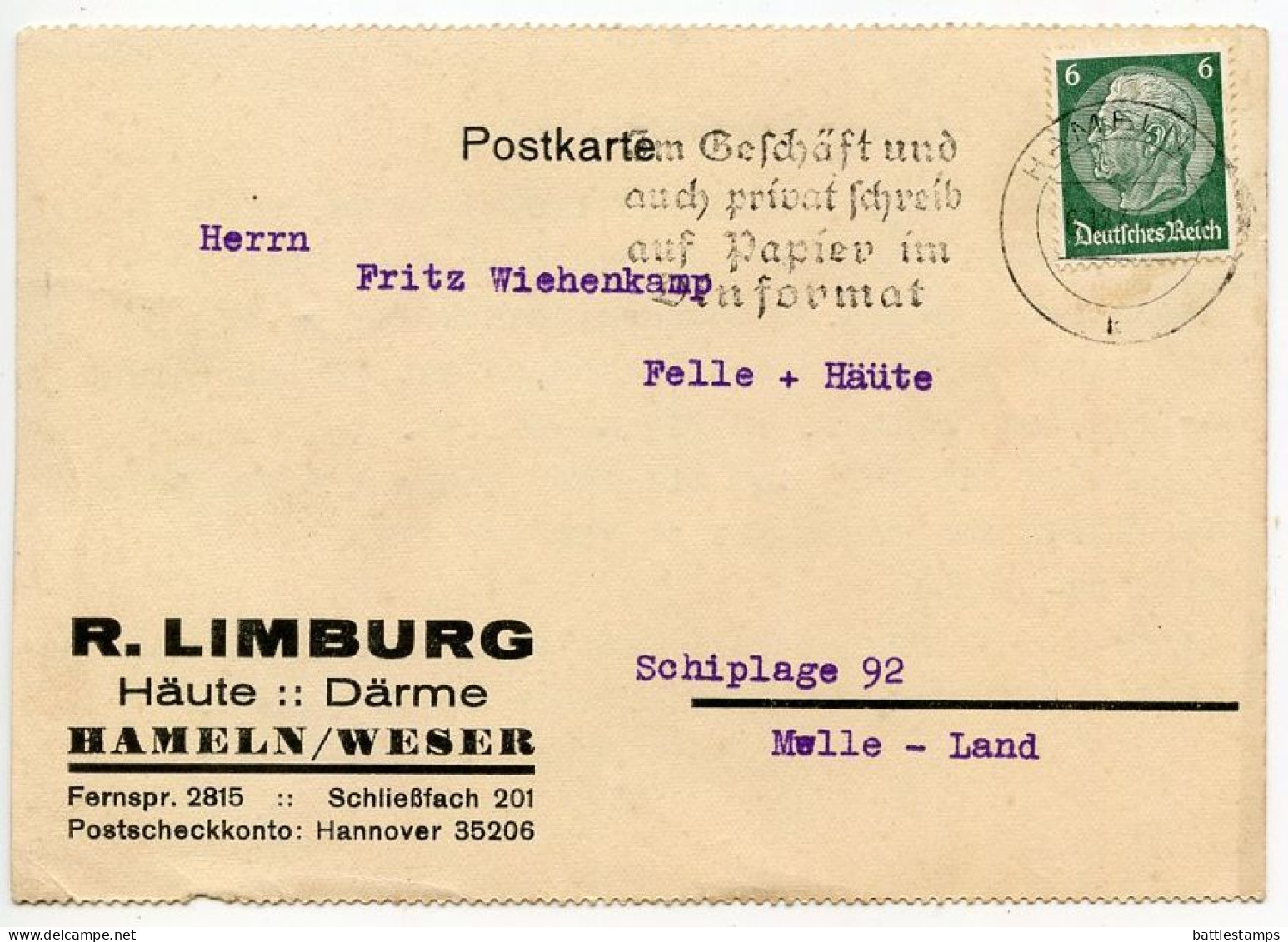 Germany 1934 Postcard; Hameln - R. Limburg, Häute - Därme To Schiplage; 6pf. Hindenburg; Slogan Cancel - Brieven En Documenten