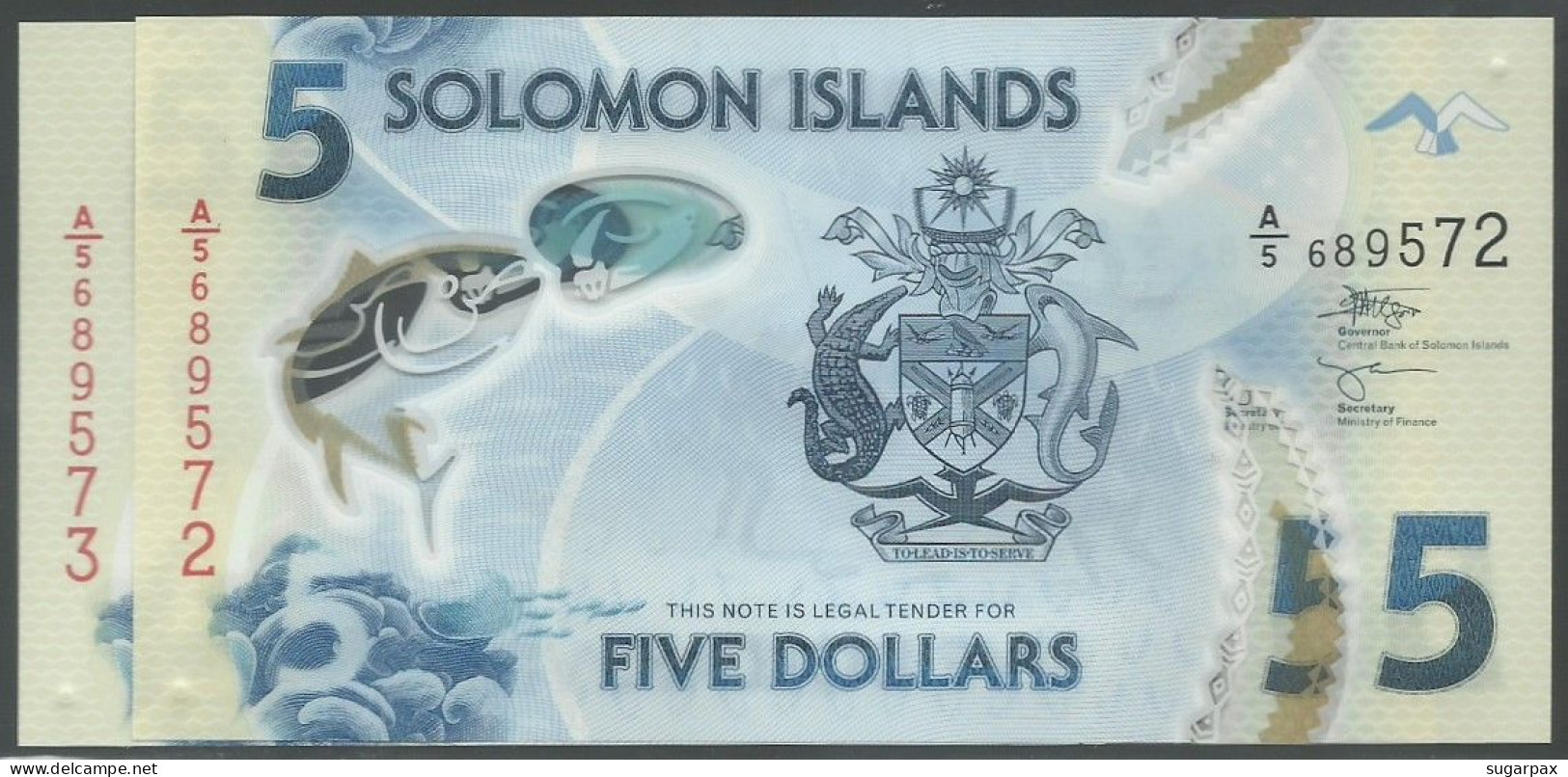 Solomon Islands - 2 X 5 Dollars Consecutive - 2019 ( 2022 ) - Pick: New - Serie A/5 - Polymer - Solomon Islands