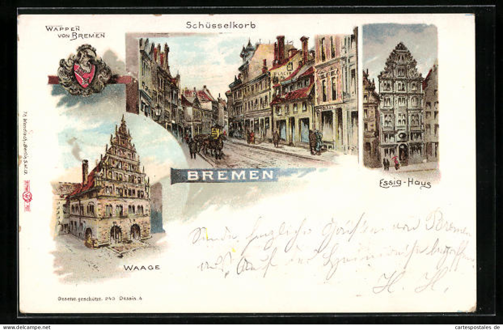 Lithographie Bremen, Ortsansicht Mit Essig-Haus, Waage Und Schüsselkorb  - Bremen