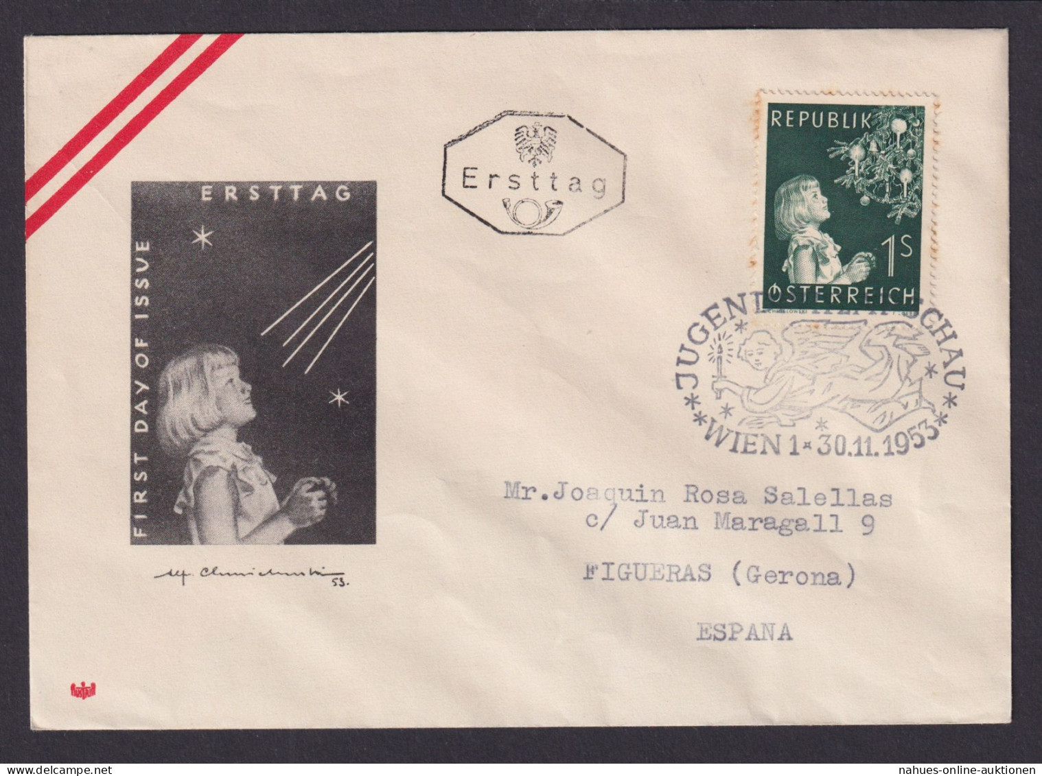 Österreich Brief EF 994 Weihnachten FDC Destination Wien Figueras Girona Spanien - Briefe U. Dokumente