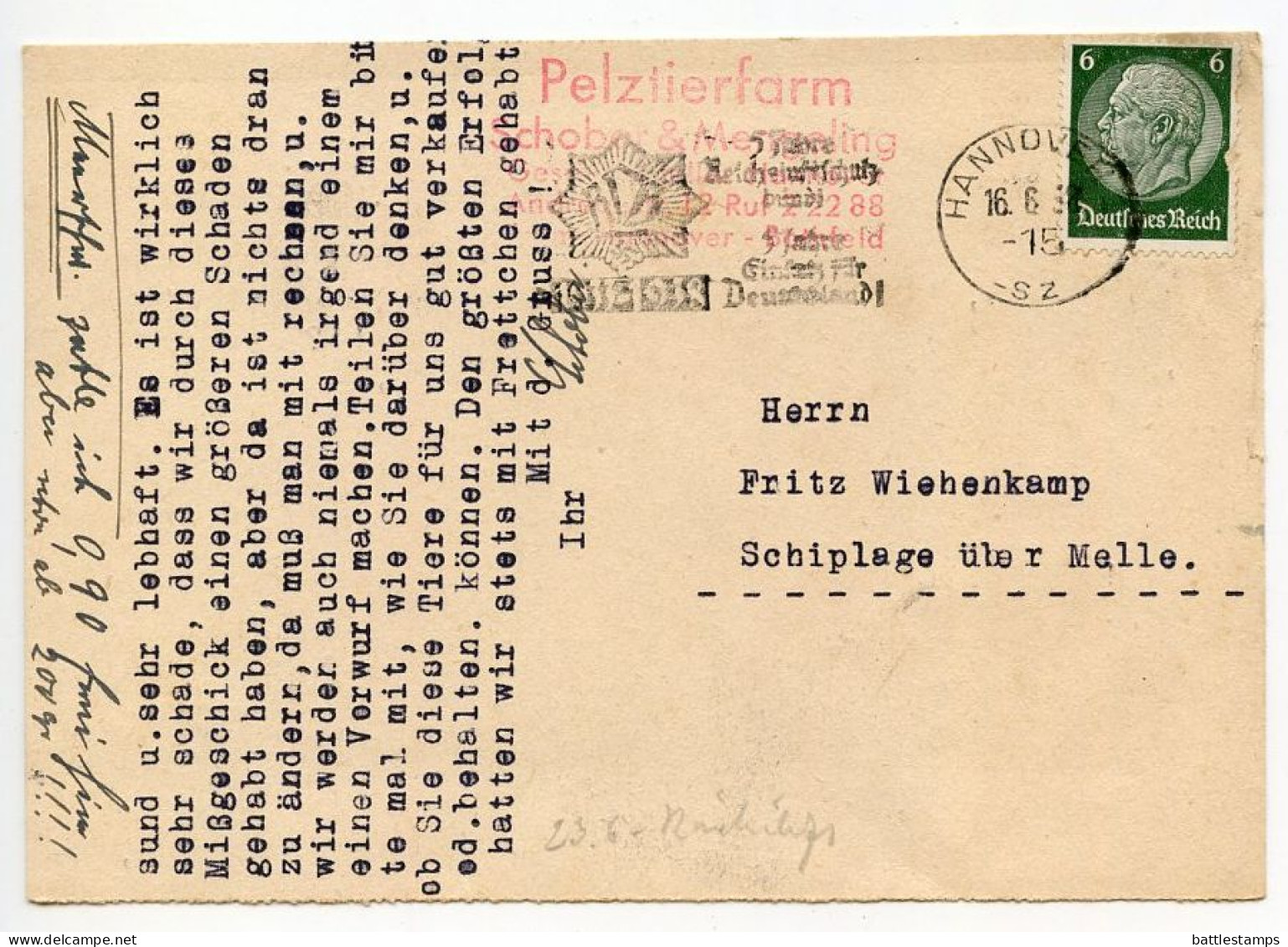 Germany 1938 Postcard; Hannover - Schober & Mengeling, Pelztierfarm To Schiplage; 6pf. Hindenburg; Slogan Postmark - Briefe U. Dokumente