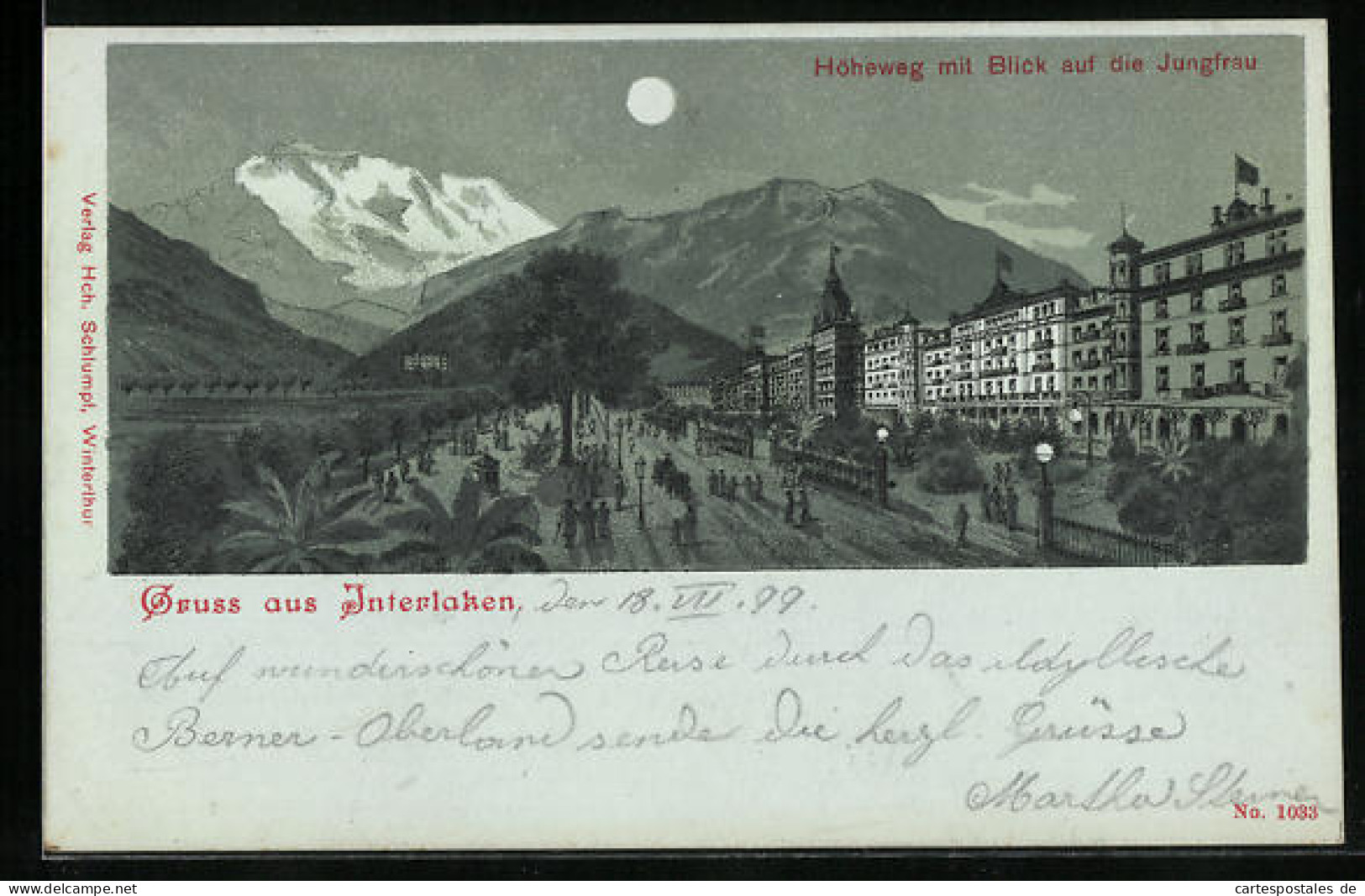 Mondschein-Lithographie Interlaken, Strasse Höheweg Mit Blick Auf Die Jungfrau  - Interlaken