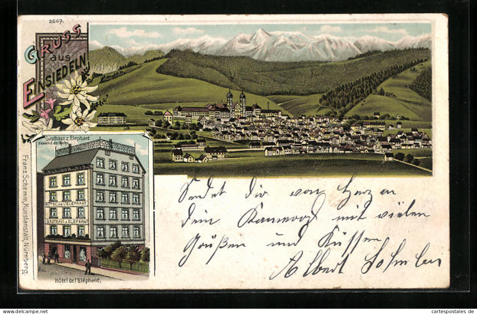 Lithographie Einsiedeln, Gasthaus Zum Elephant, Totalansicht Vom Ort  - Einsiedeln