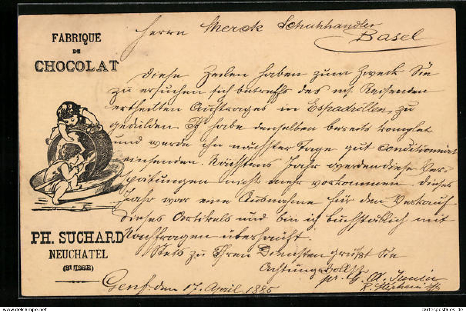 Vorläufer-Lithographie Neuchâtel, 1885, Fabrique De Cocolat, Geschwister Kratzen Tasse Aus, Reklame Für Kakao Sucha  - Cultivation