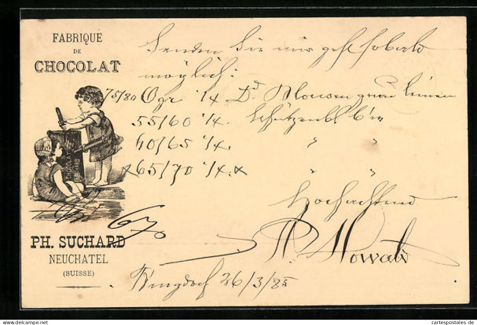 Vorläufer-Lithographie Neuchâtel, 1885, Fabrique De Cocolat, Geschwister Mit Baumstamm, Reklame Für Kakao Suchard  - Landbouw