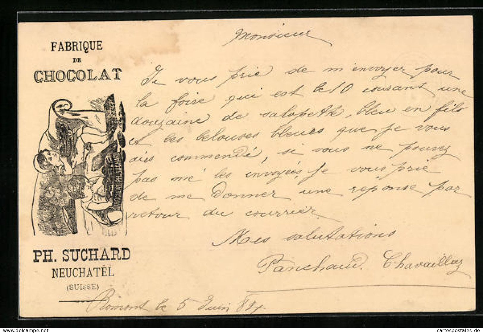 Vorläufer-Lithographie Neuchâtel, 1884, Fabrique De Cocolat, Kekse Essendes Geschwisterpaar, Reklame Für Kakao Such  - Landwirtschaftl. Anbau