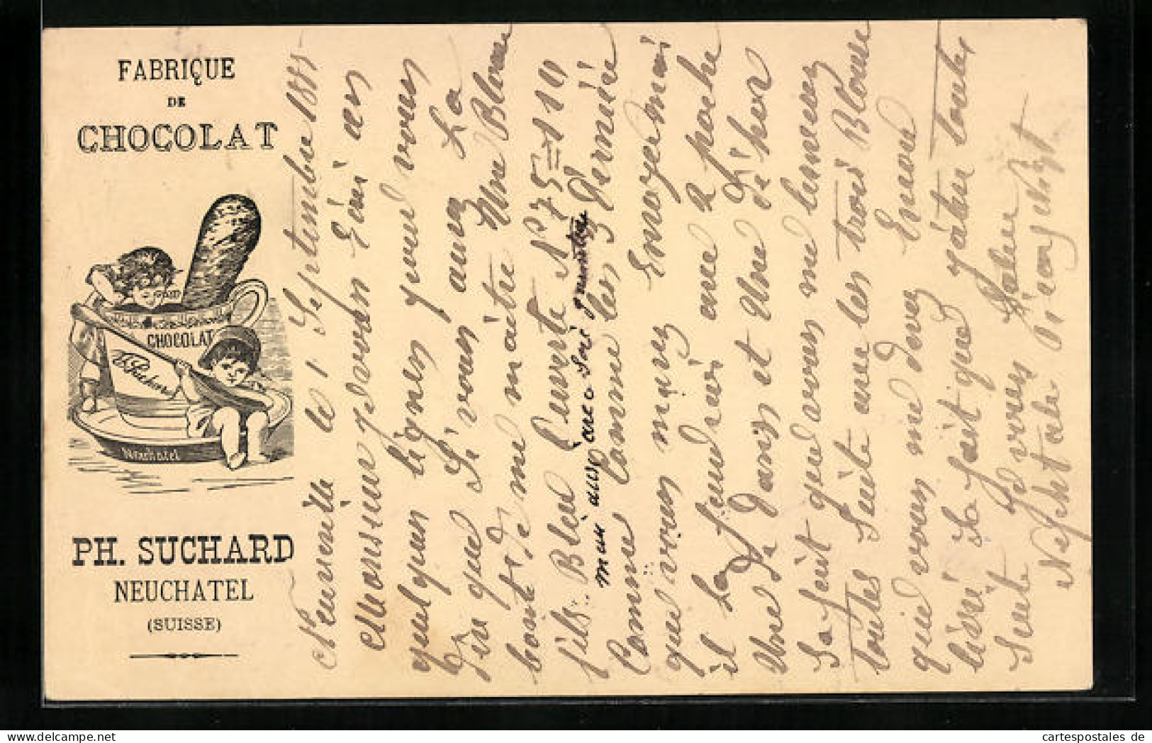 Vorläufer-Lithographie Neuchâtel, 1885, Fabrique De Cocolat, Kinder Mit Riesiger Tasse, Reklame Für Kakao Suchard  - Landwirtschaftl. Anbau