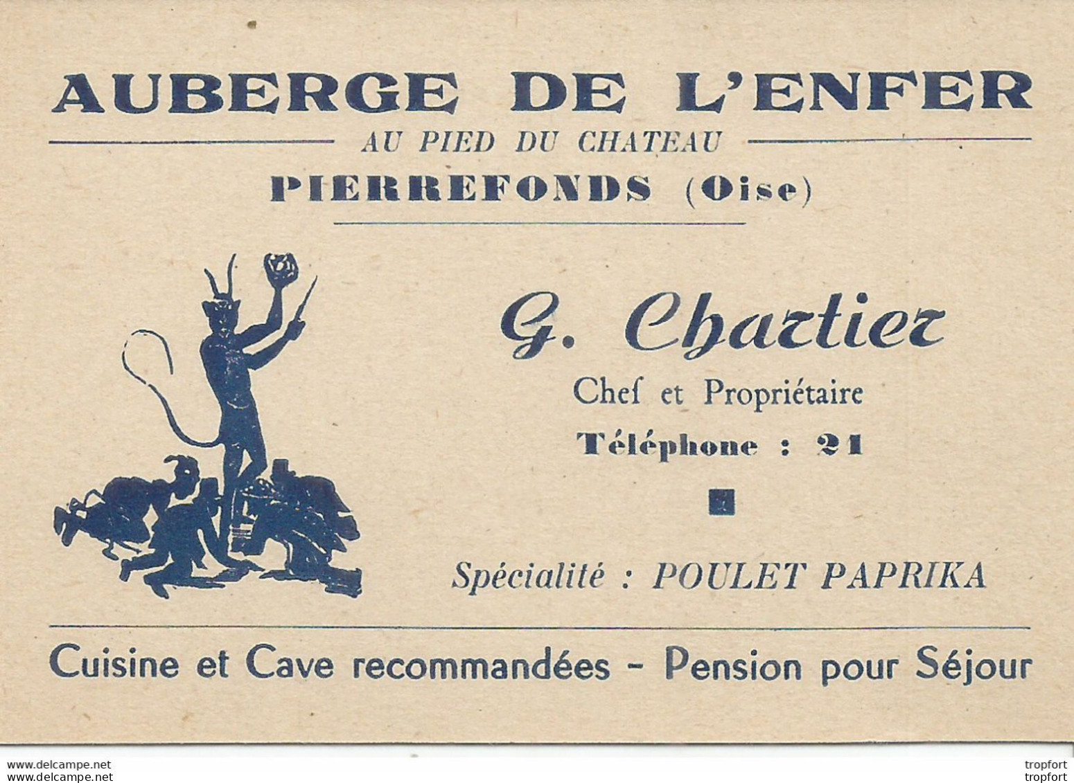 AS / Carte De Visite Ancienne AUBERGE DE L'ENFER PIERREFONDS (60) Chartier Poulet Paprika Pied Du Chateau - Cartoncini Da Visita